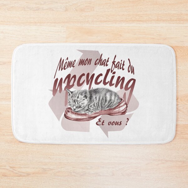 Item preview, Sleeping kitten in old shoe - graphite version, Upcycling text in French colorized brown-red designed and sold by SylvieG18.