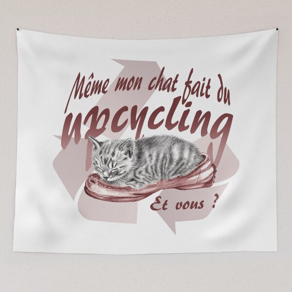 Item preview, Sleeping kitten in old shoe - graphite version, Upcycling text in French colorized brown-red designed and sold by SylvieG18.