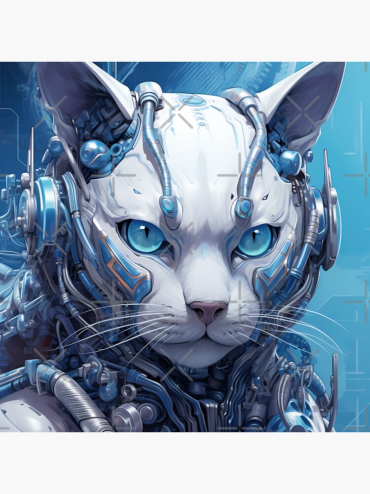 Sticker avec l'œuvre « Chat Cyborg, Chat Robot, Chat Blanc » de l