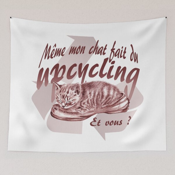 Item preview, Sleeping kitten in old shoe - brown-red colorized version, Upcycling text in French. designed and sold by SylvieG18.