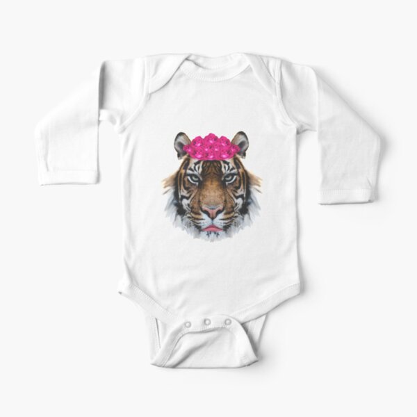 Tiger Queen of the Pink Jungle with Flower Crown by Alice Monber Long Sleeve Baby One-Piece