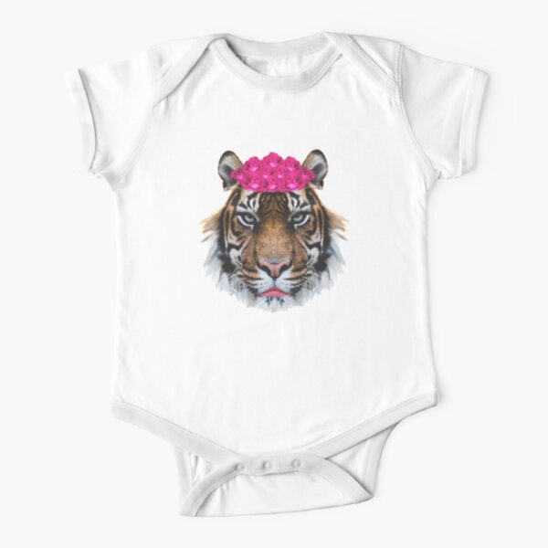 Tiger Queen of the Pink Jungle with Flower Crown by Alice Monber Short Sleeve Baby One-Piece