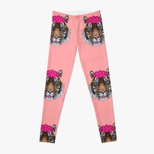 Tiger Queen of the Pink Jungle with Flower Crown by Alice Monber Leggings