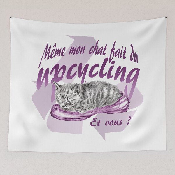 Item preview, Sleeping kitten in old shoe - graphite version, Upcycling text in purple colorized French designed and sold by SylvieG18.