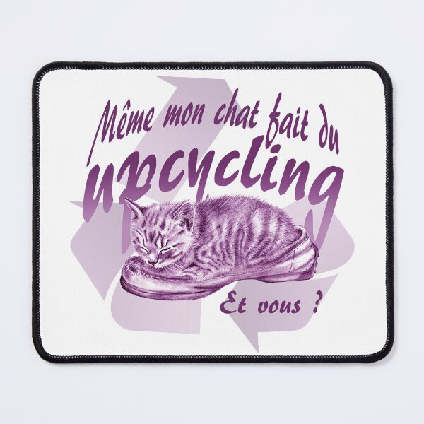 Item preview, Sleeping kitten in old shoe - purple colorized version, Upcycling text in French. designed and sold by SylvieG18.