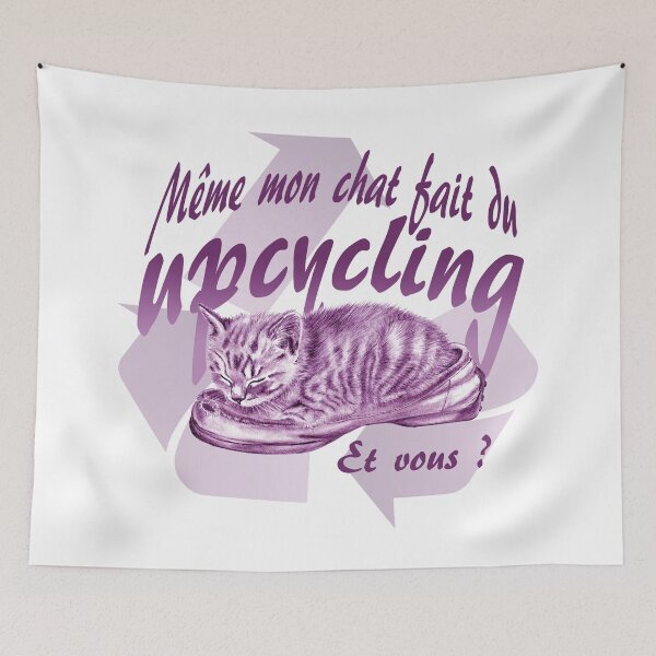 Item preview, Sleeping kitten in old shoe - purple colorized version, Upcycling text in French. designed and sold by SylvieG18.