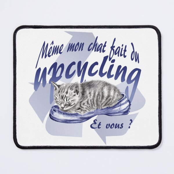 Item preview, Sleeping kitten in old shoe - graphite version, Upcycling text in blue colorized French designed and sold by SylvieG18.