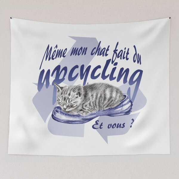 Item preview, Sleeping kitten in old shoe - graphite version, Upcycling text in blue colorized French designed and sold by SylvieG18.