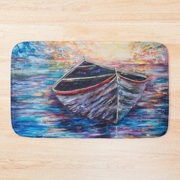 Item preview, Wooden Boat at Sunrise: A Seascape in Thick Impasto Texture designed and sold by Rocky Mountain Artistry.