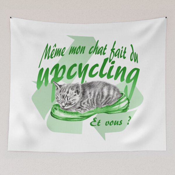 Item preview, Sleeping kitten in old shoe - graphite version, Upcycling text in French colorized green designed and sold by SylvieG18.