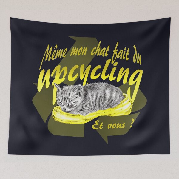 Item preview, Sleeping kitten in old shoe - graphite version, Upcycling text in yellow colorized French designed and sold by SylvieG18.