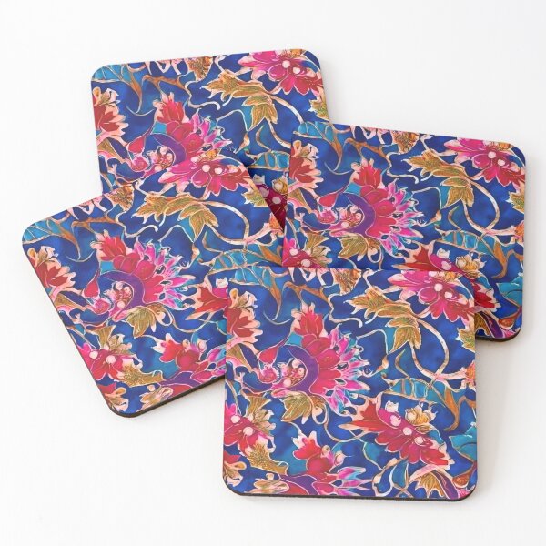 Item preview, Brown And Red Flower On Blue Batik Style designed and sold by myrbpix.