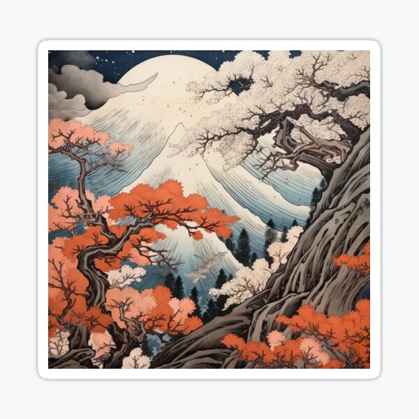 Item preview, Okiyo-e Vintage Retro Japanese Forest Mountain Storm Wood Block Art designed and sold by BrandonArtWorld.