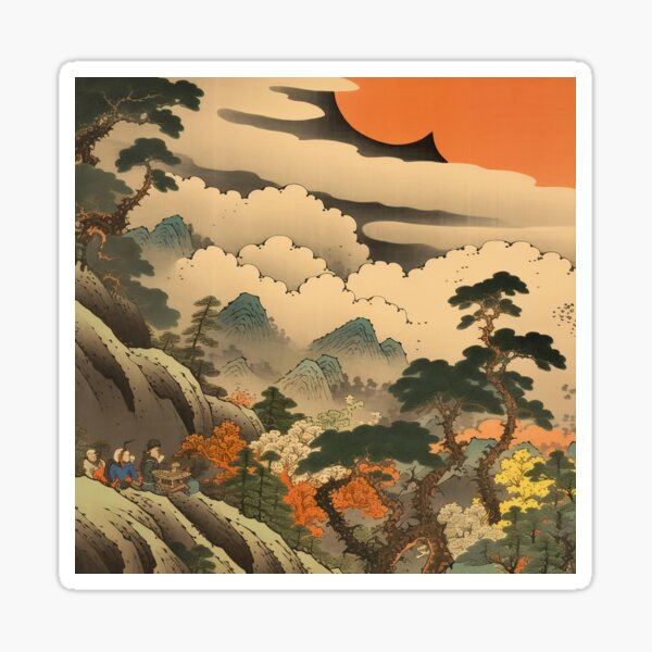 Item preview, Okiyo-e Vintage Retro Japanese Forest Mountain Storm Wood Block Art designed and sold by BrandonArtWorld.