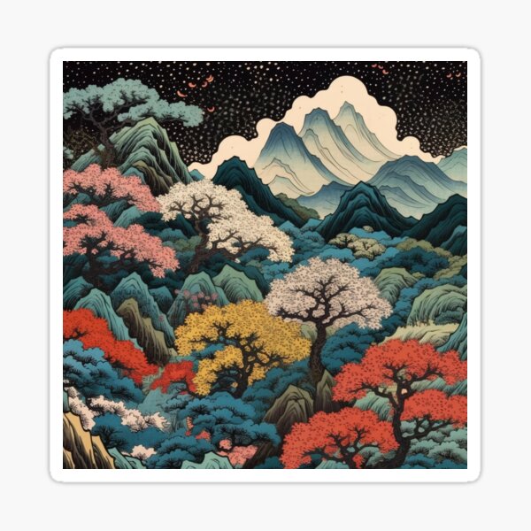 Item preview, Okiyo-e Vintage Retro Japanese Forest Mountain Storm Wood Block Art designed and sold by BrandonArtWorld.