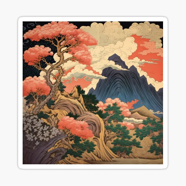 Item preview, Okiyo-e Vintage Retro Japanese Forest Mountain Storm Wood Block Art designed and sold by BrandonArtWorld.