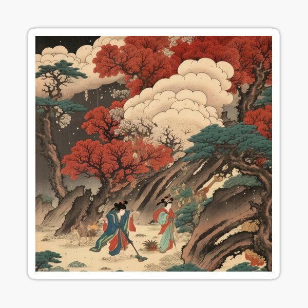 Item preview, Okiyo-e Vintage Retro Japanese Forest Mountain Storm Wood Block Art designed and sold by BrandonArtWorld.