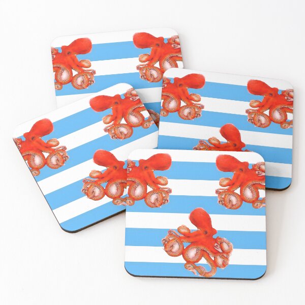 Item preview, Red octopus on blue stripe designed and sold by SophieClimaArt.