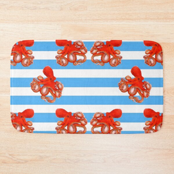 Item preview, Red octopus on blue stripe designed and sold by SophieClimaArt.