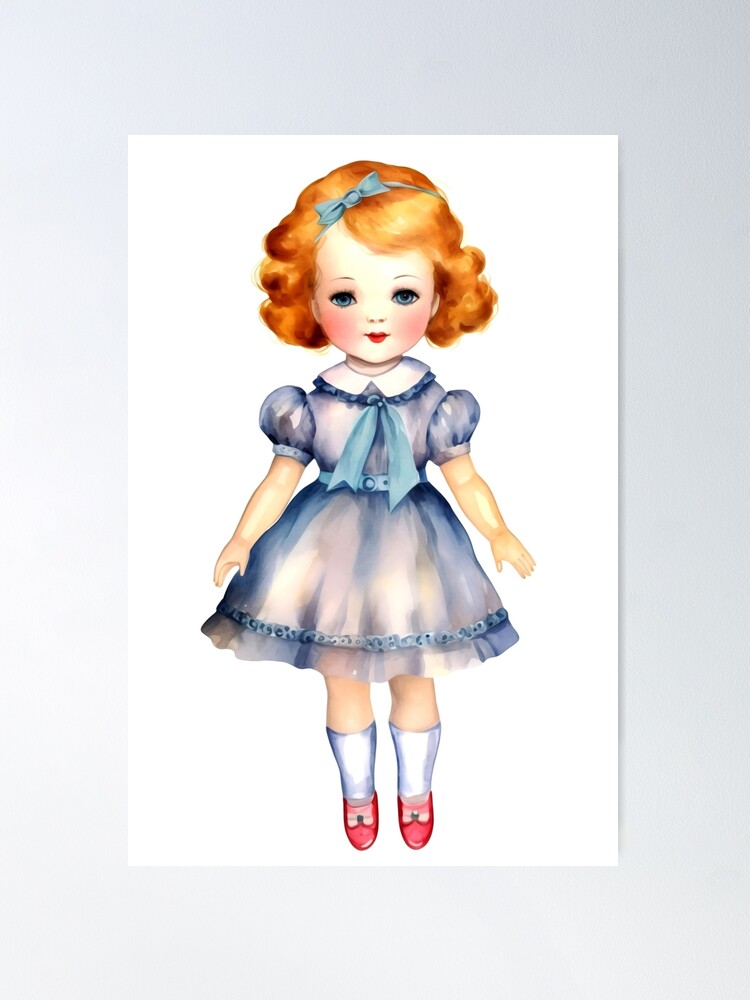【antique doll】lithograph vintage fposter,medium,wall_texture,