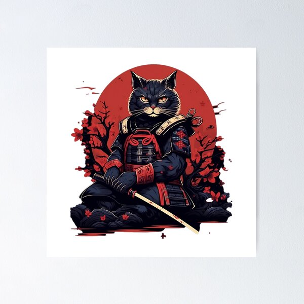 Poster Anime de Gato Samurai do Estilo Japonês Kawaii