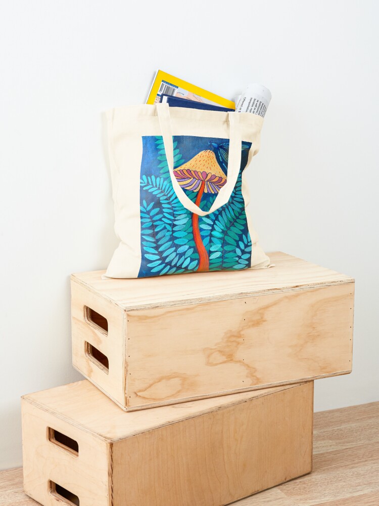 Thumbnail 4 of 5, Tote Bag, blue dragonfly on a mushroom designed and sold by Sarah Hearfield.