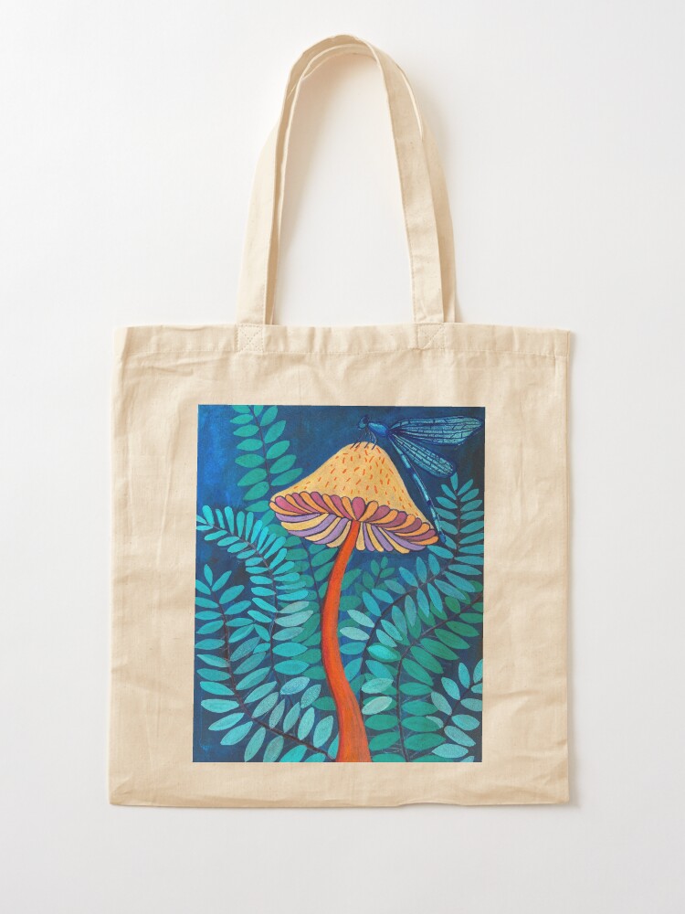 Thumbnail 2 of 5, Tote Bag, blue dragonfly on a mushroom designed and sold by Sarah Hearfield.