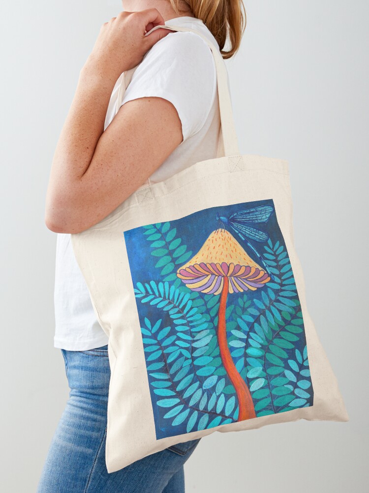 Thumbnail 1 of 5, Tote Bag, blue dragonfly on a mushroom designed and sold by Sarah Hearfield.