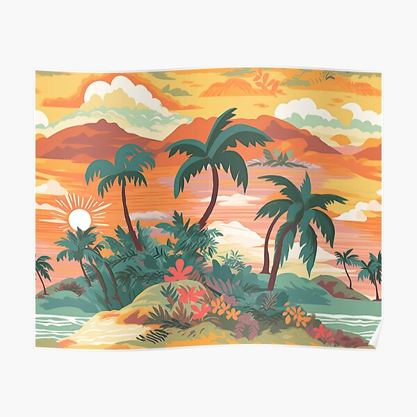 Tapestry Hawaiian Shirt Volcano Palm Trees Boats Button up Short Sleeve  Womens L