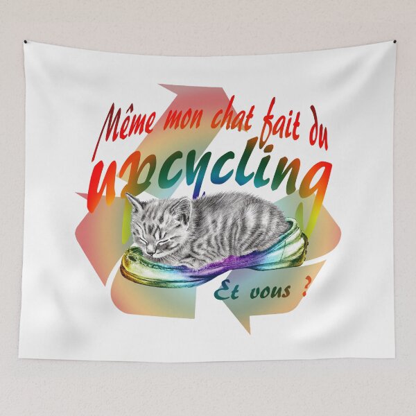 Item preview, Sleeping kitten in old shoe - graphite version, Upcycling text in French colorized rainbow 1 designed and sold by SylvieG18.