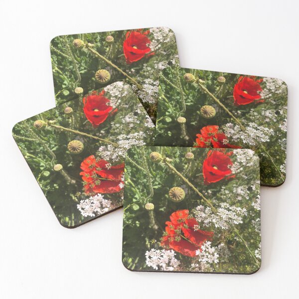 Item preview, red poppies and white wild flowers on a background of grass, poster designed and sold by sonaadalian.
