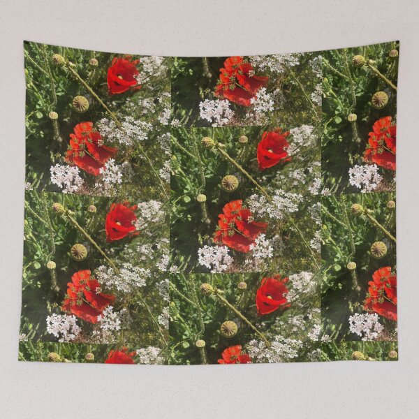 Item preview, red poppies and white wild flowers on a background of grass, poster designed and sold by sonaadalian.