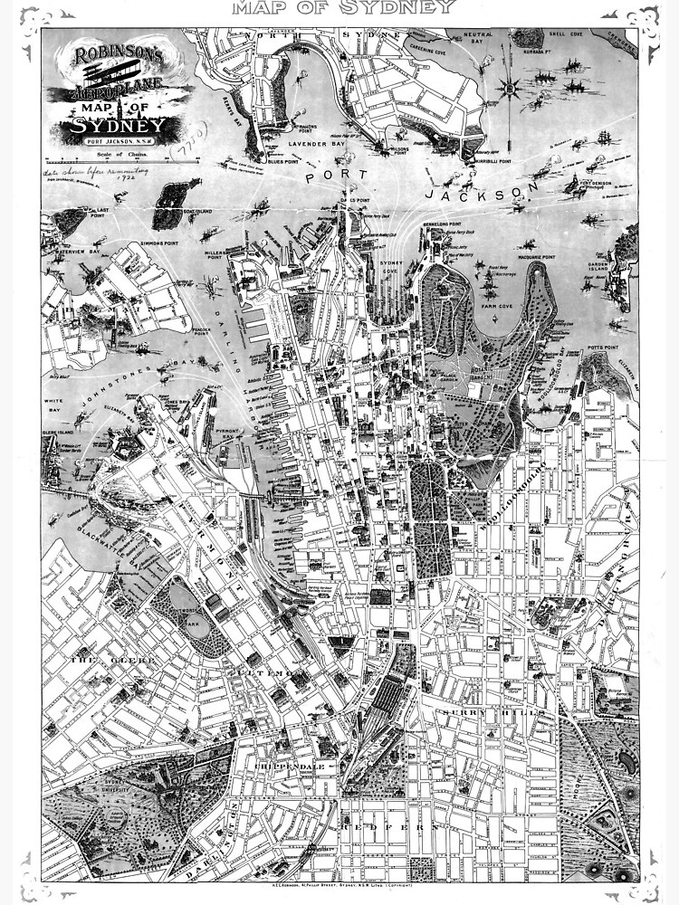 Vintage Map Of Sydney Australia 1922 Bw Art Board Print By Bravuramedia Redbubble