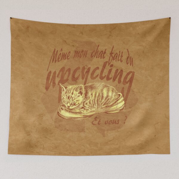 Item preview, Sleeping kitten in old shoe - brown marbled version, Upcycling text in French. designed and sold by SylvieG18.