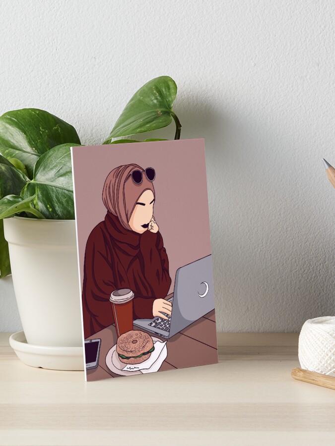 HIJABI WITH GLASSES WORKING ON COMPUTER DURING FALL Art Board Print