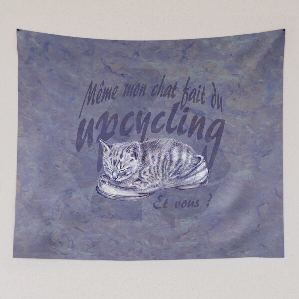 Item preview, Sleeping kitten in old shoe - purple marbled version, Upcycling text in French. designed and sold by SylvieG18.