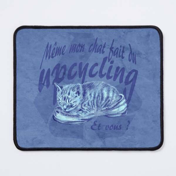 Item preview, Sleeping kitten in old shoe - blue marbled version, Upcycling text in French. designed and sold by SylvieG18.