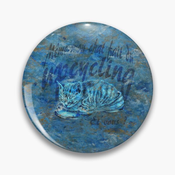 Item preview, Sleeping kitten in old shoe - marbled blue-gold version, Upcycling text in French. designed and sold by SylvieG18.