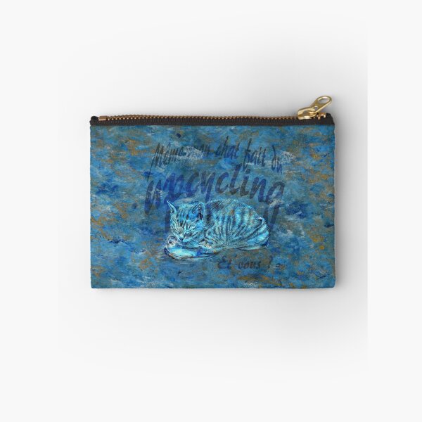 Item preview, Sleeping kitten in old shoe - marbled blue-gold version, Upcycling text in French. designed and sold by SylvieG18.