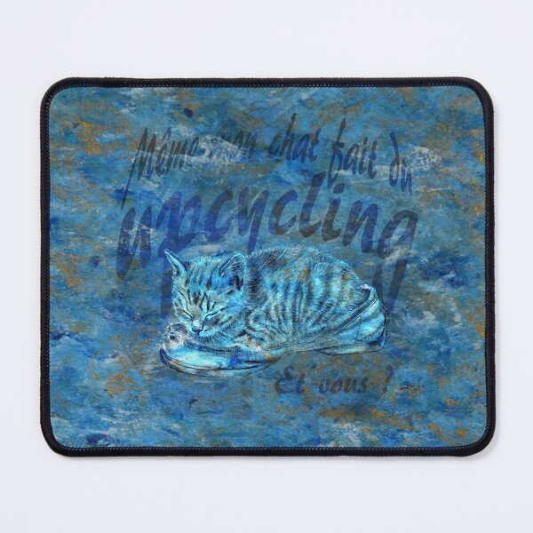 Item preview, Sleeping kitten in old shoe - marbled blue-gold version, Upcycling text in French. designed and sold by SylvieG18.
