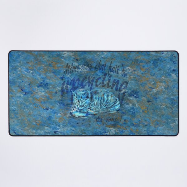 Item preview, Sleeping kitten in old shoe - marbled blue-gold version, Upcycling text in French. designed and sold by SylvieG18.