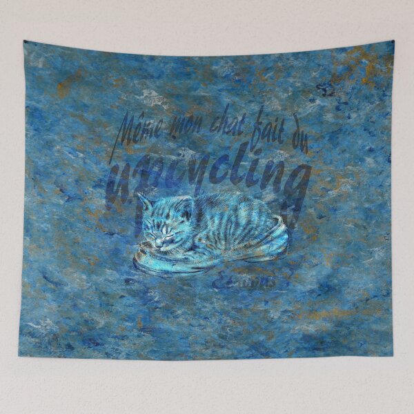 Item preview, Sleeping kitten in old shoe - marbled blue-gold version, Upcycling text in French. designed and sold by SylvieG18.