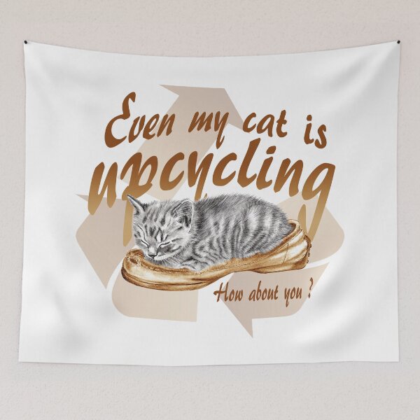 Item preview, Sleeping kitten in old shoe - graphite version, Upcycling text in brown colorized English designed and sold by SylvieG18.