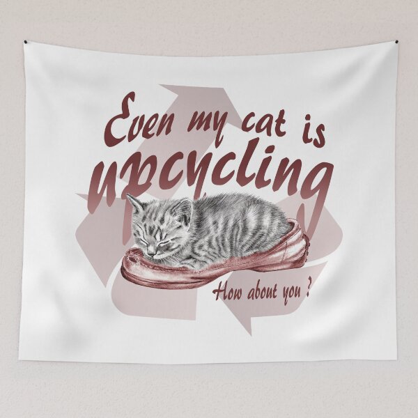 Item preview, Sleeping kitten in old shoe - graphite version, Upcycling text in English colorized brown-red designed and sold by SylvieG18.