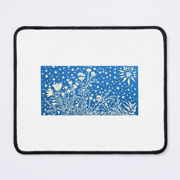 Item preview, Blue and white flowers and stars linograph folk art designed and sold by Earth Nature Creations.