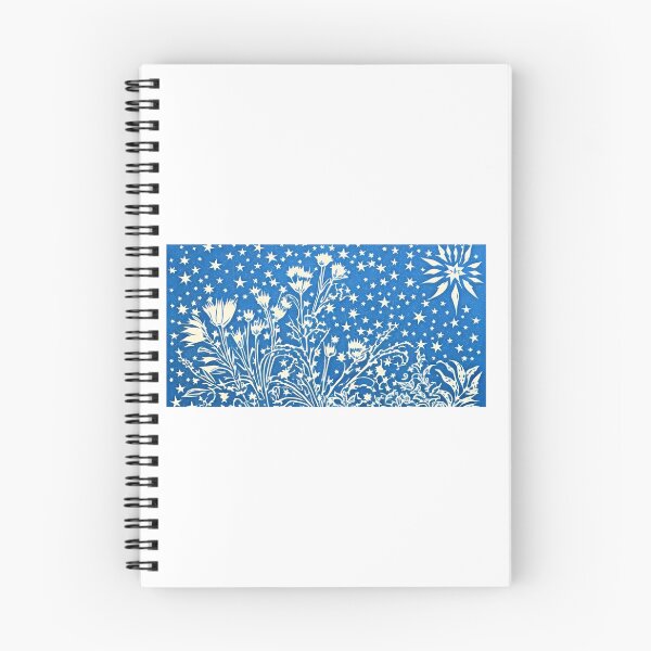 Item preview, Blue and white flowers and stars linograph folk art designed and sold by Earth Nature Creations.
