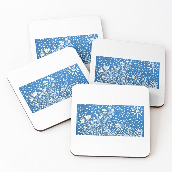 Item preview, Blue and white flowers and stars linograph folk art designed and sold by Earth Nature Creations.