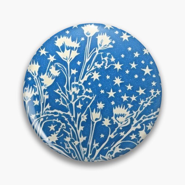 Item preview, Blue and white flowers and stars linograph folk art designed and sold by Earth Nature Creations.