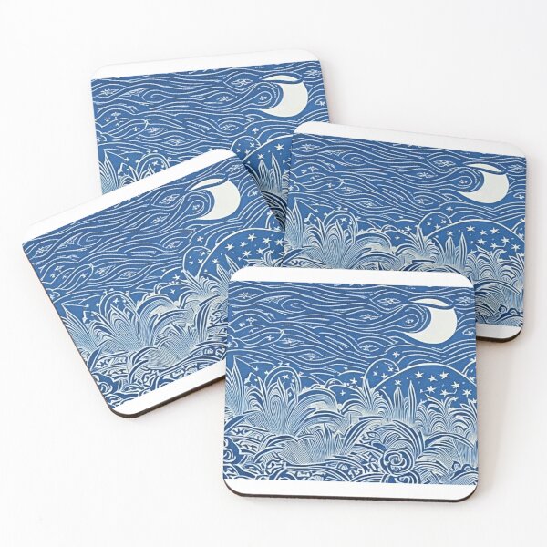 Item preview, Blue and white moon and stars linograph folk art designed and sold by Earth Nature Creations.