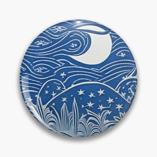 Item preview, Blue and white moon and stars linograph folk art designed and sold by Earth Nature Creations.